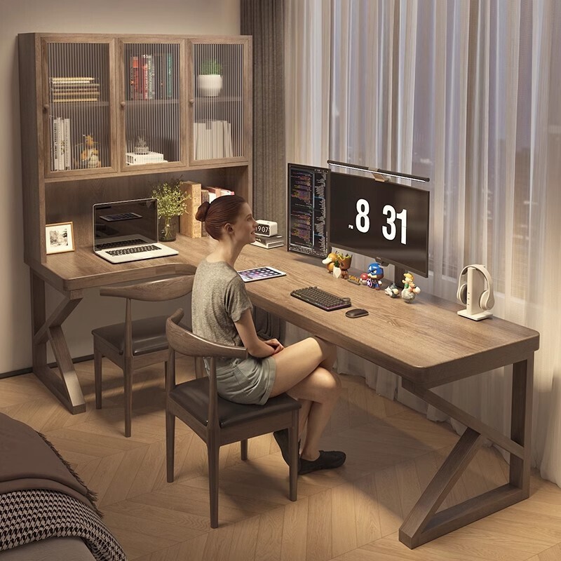 Simple Solid Wood Computer Desk L-Shaped Corner Desk with Glass Bookcase Integrated Study and Work Station L-Shaped Home Writing Desk