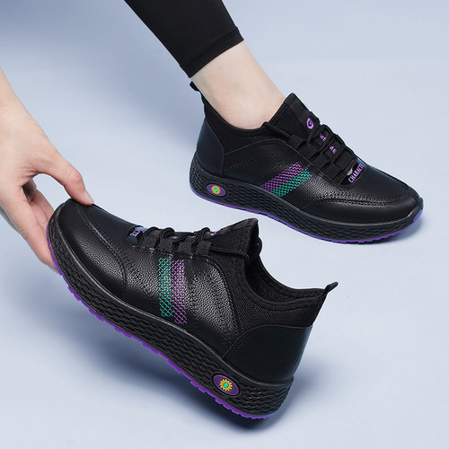 2024 New Women's Shoes Spring Leather Non-Slip Waterproof Casual Shoes Middle-aged and Old Beijing Cloth Shoes Comfortable Sports Shoes