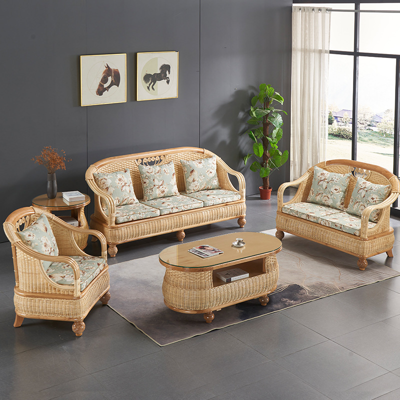 藤沙发客厅组合简约藤制茶几五件套户外真藤实木竹藤沙发藤编家具
