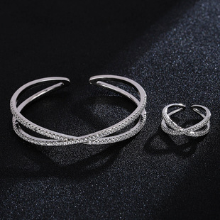 2023 New Women's High-quality Gold-plated Personalized Cross Zircon Open Ring Bracelet Two-piece Set Versatile Food Ring