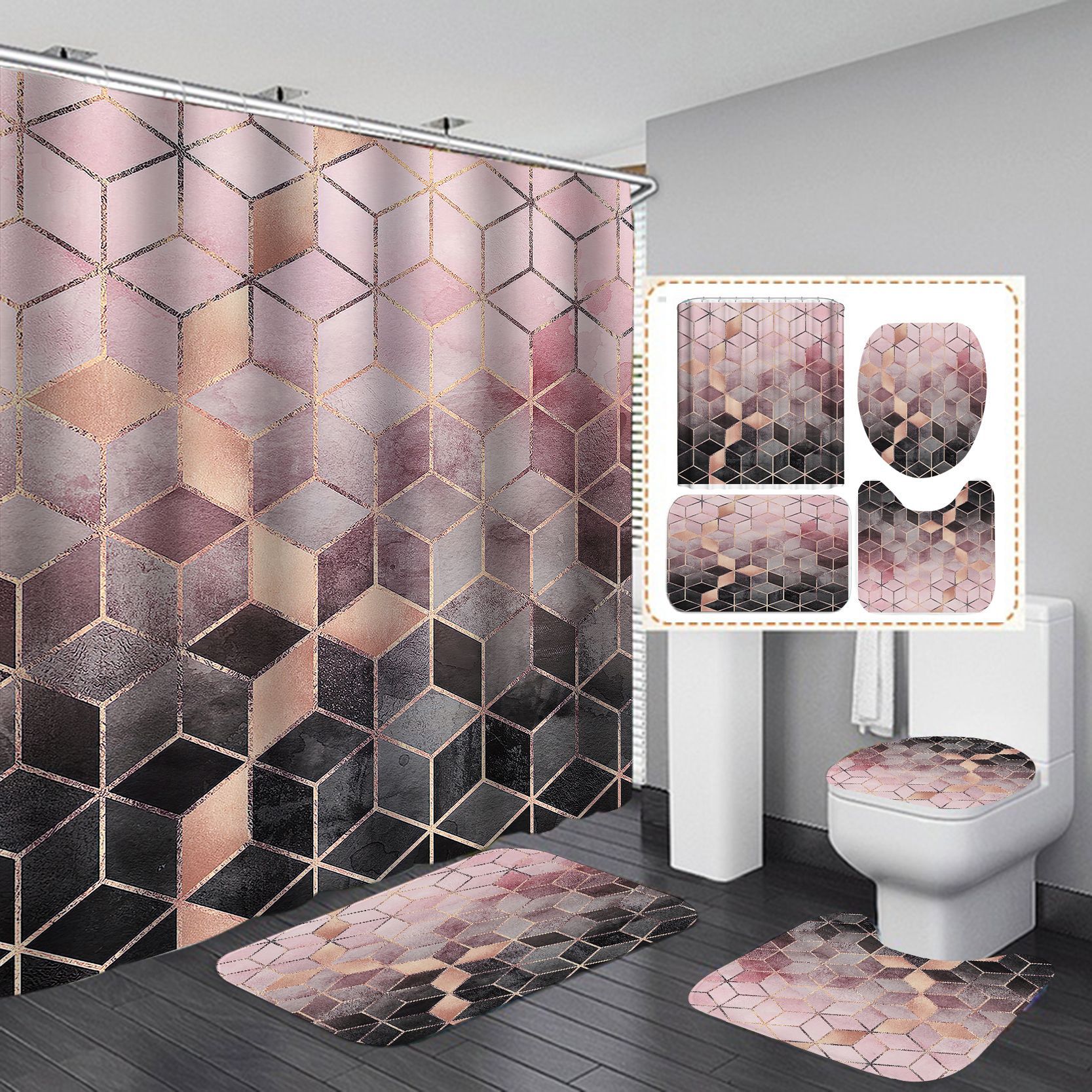 Comercio electrónico transfronterizo HD impresión digital geométrica textura de mármol baño cortina de ducha fuente de entrega cortina de ducha conjunto de cuatro piezas