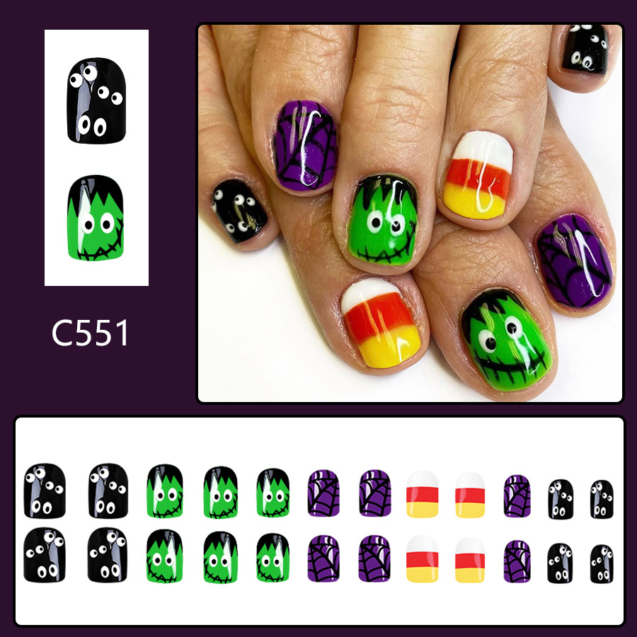 Nail Art Court Paillettes Halloween Multicolore Toile d'araignée Noire Horreur Globe Oculaire Monstre Vert 2024 Nouveau 24_voghion.com