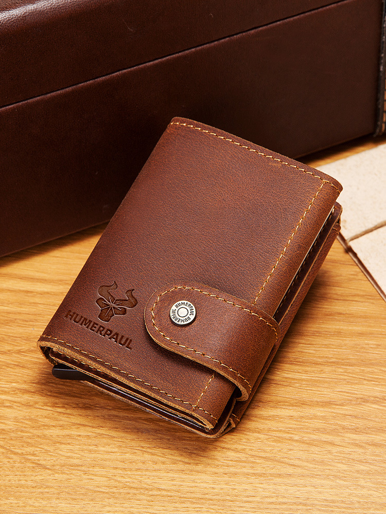 Tarjetero automático de cuero genuino con protección RFID