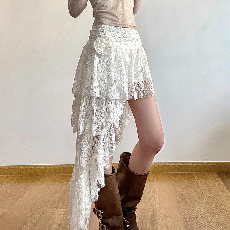 French Style Lace Rose Crochet Irregular Hem Skirt Women's Summer New Mori Style Sweet Spice Girl Sexy Skirt