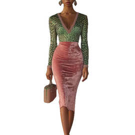 欧美2026春夏季女装新款金丝绒拼接弹力气质修身包臀高腰连衣裙