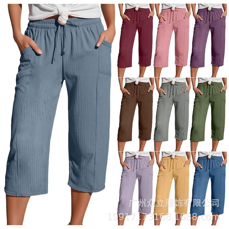 2025 Amazon Wish Spring and Autum European and American Clothing Pure Color Cotton and Linen Loose Drawstring Wide Leg Casual Cropped Pants for Women 2025 Amazon Wish Spring and Autum European and American Clothing Pure Color Cotton and Linen Loose Drawstring Wide Leg Casual Cropped Pants for Women