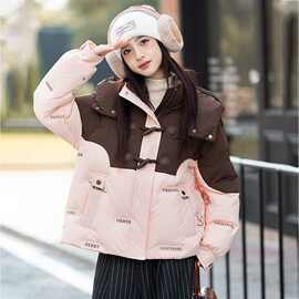 韩版加厚拼色拼接冬季羽绒棉服女孩初高中学生洋气学院风连帽外套