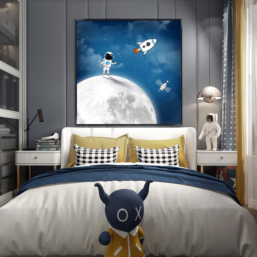 儿童房装饰画太空宇航员创意男孩卧室床头画宇宙星球月亮客厅挂画