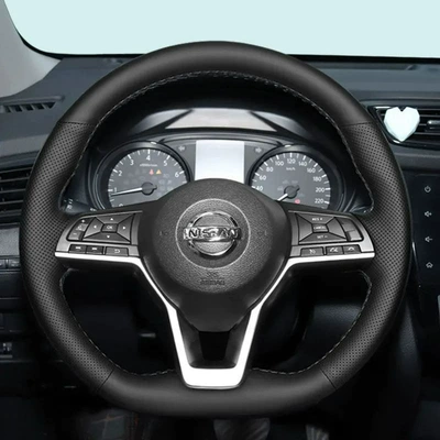 Specially Designed for Nissan Qashqai, X-Trail, Sylphy, and Teana, Hand-Stitched Steering Wheel Cover, Full Protection, Wear-Resistant Handle Cover (Steering wheel cover) - nissan-series-perforated-sides-black-leather-hand-stitched-with-black-thread-38cm