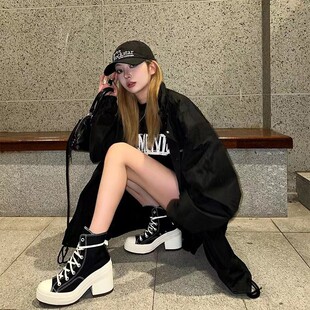 High-heeled Chunky-heeled Canvas Shoes Women's 2025 Spring and Summer New Round-toe Lace-up All-match Increased Thick-soled High-top Shoes White Shoes