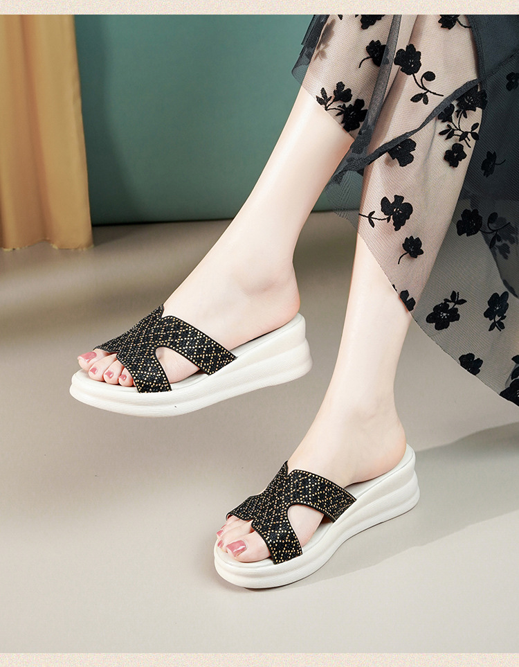 Dép sandal nữ đế xuồng cao quai chữ V, phong cách thể thao, tăng chiều cao — Đen【Dép】603 chi tiết 17