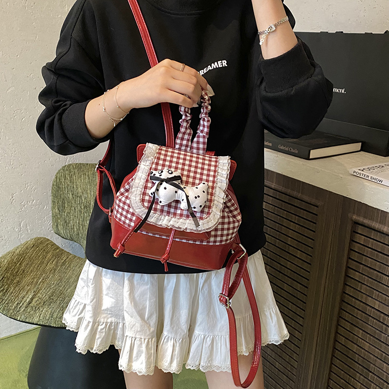 韩系格子少女双肩包可爱小狗古着感文艺小清新学院风迷你出游背包|undefined