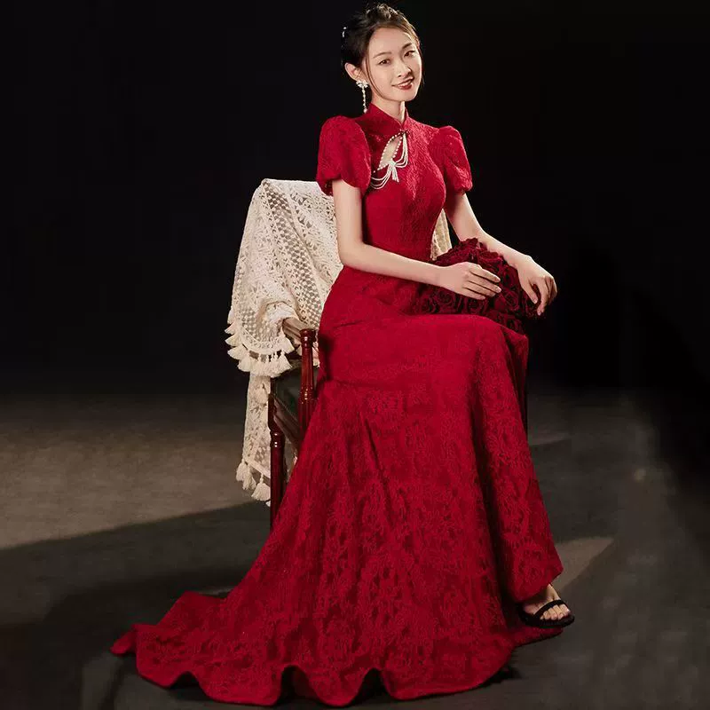 Новое платье-тост в китайском стиле, улучшенный чонсам, миниатюрное бордовое свадебное платье, обручальное платье, кружевное вечернее платье