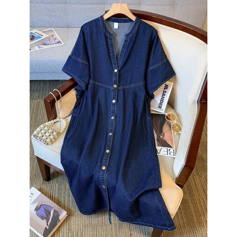 French-Style Casual Thin Denim Slimming Dress for Women, New Summer Fashion Versatile Mid-Length Dress for Plus-Size Women