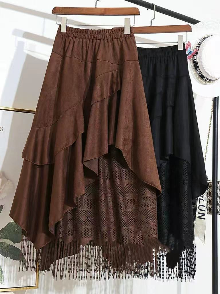 Retro suede lace demi-season long skirt, mid length, maxi length