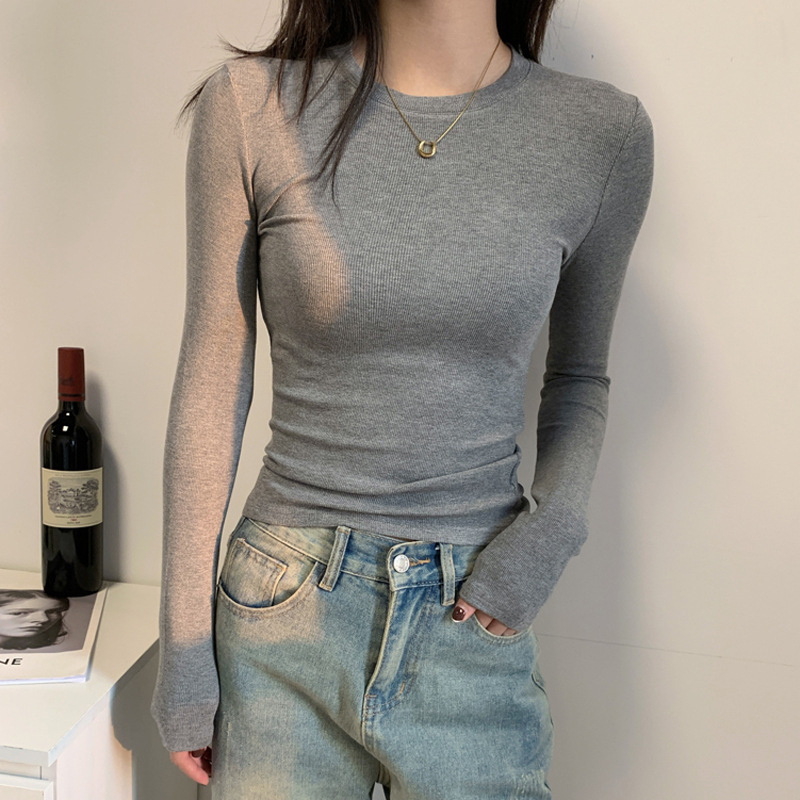 美式灰色正肩小衫长袖t恤女2025秋季新磨毛内搭打底修身百搭上衣|undefined