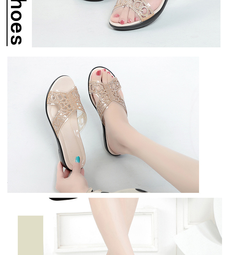 Dép xỏ ngón nữ đế bệt da thật đính đá rhinestone — Màu vàng chi tiết 11