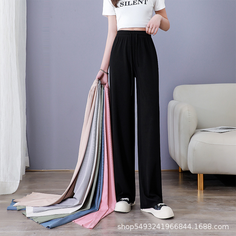 Ice Silk Wide-Leg Pants for Women, High-Waisted Straight Black Casual Sports Thin Sun-Protective Long Pants That Make Legs Look Longer with Drawstring