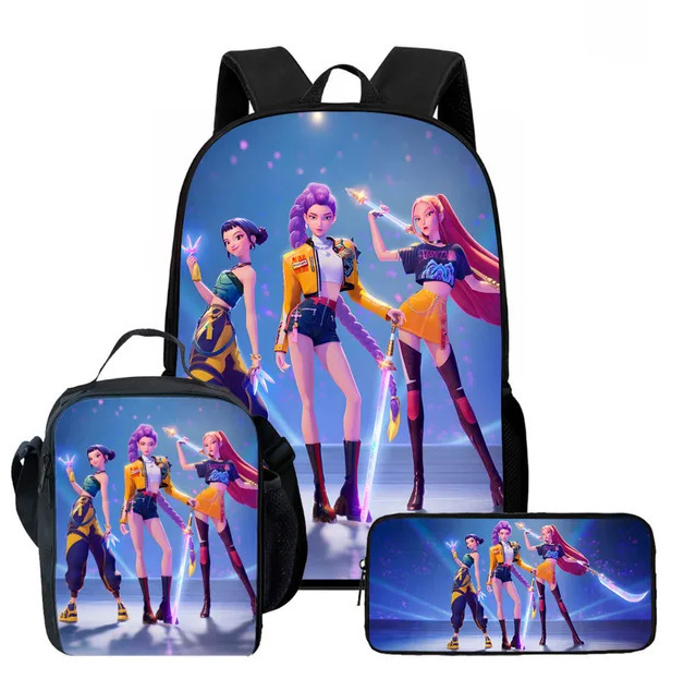Cross-Border Two-Dimensional K-Pop Demon Hunter Backpack Three-Piece Set Student School Bag Lightweight Casual Travel Bag