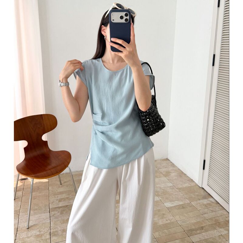 26 Summer [100% Acetate Fiber] Design with Irregular Pleats, Waist Tie, Round Neck, Raglan Sleeves Top 35003