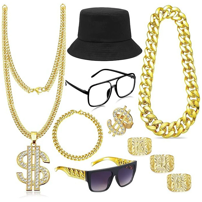 Мужское металлическое золотистое украшение в хип-хоп стиле, ожерелье, кольцо, шапка, очки, набор, (торговля через границу), нарядное оформление, физика