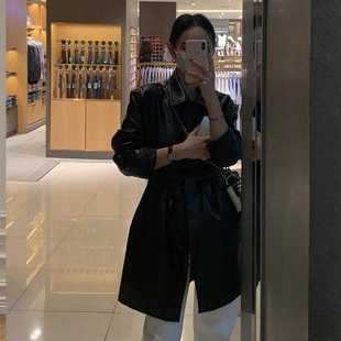Black Leather Coat Women's Autumn Mid-length New Tight Waist Slimming Coat