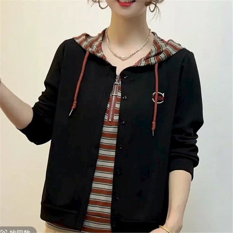 Trendy 2025 Autumn New Fashion Versatile Casual Hooded Patchwork Fake Two-Piece Sweatshirt for Dropshipping Live Broadcast