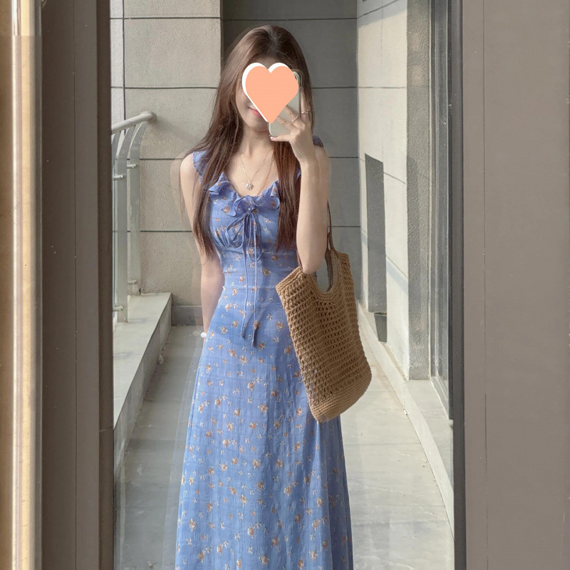 法式温柔蓝色碎花吊带连衣裙子女夏季2025新款小个子气质收腰长裙|undefined