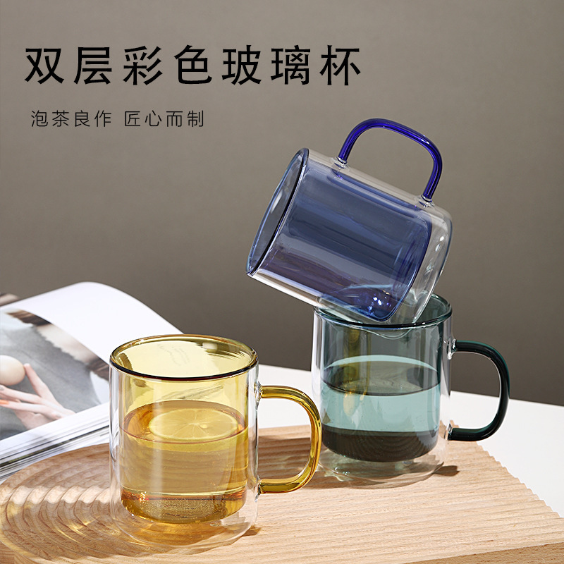 卸売り二重グラス家庭用取っ手付き高ホウ素シリコングラスシンプルコーヒーカップ朝食カラーマグカップ|undefined
