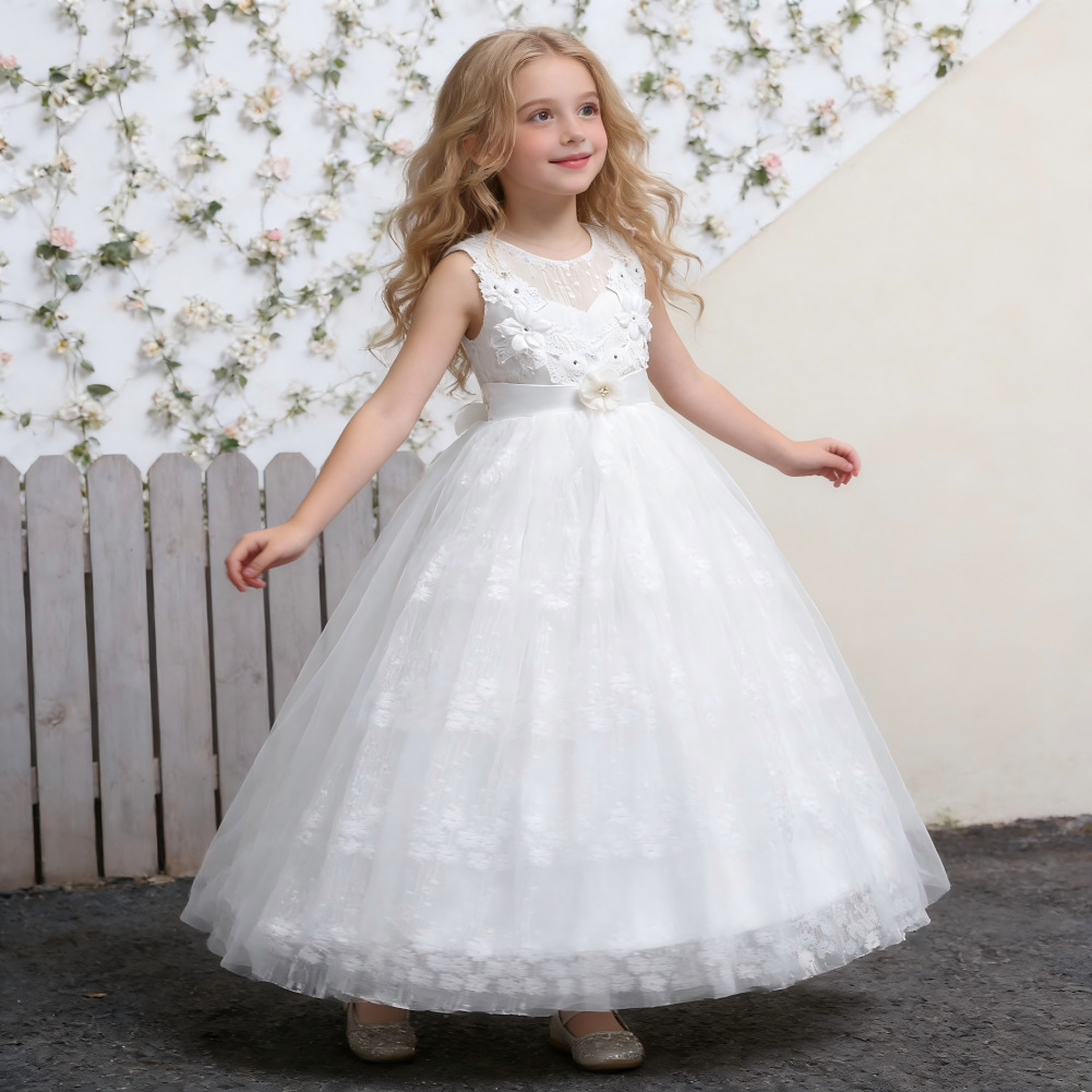 Vestido para niños Amazon Supply vestido de encaje de niña vestido de novia vestido de princesa de color sólido para niños medianos y grandes 831