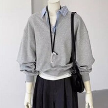假两件polo领灰色卫衣女款2025新款韩系早秋设计感小众高级感上衣