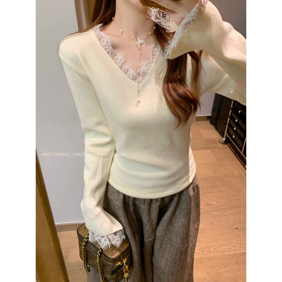 Lace knitted spring brand sweater, V-neckline