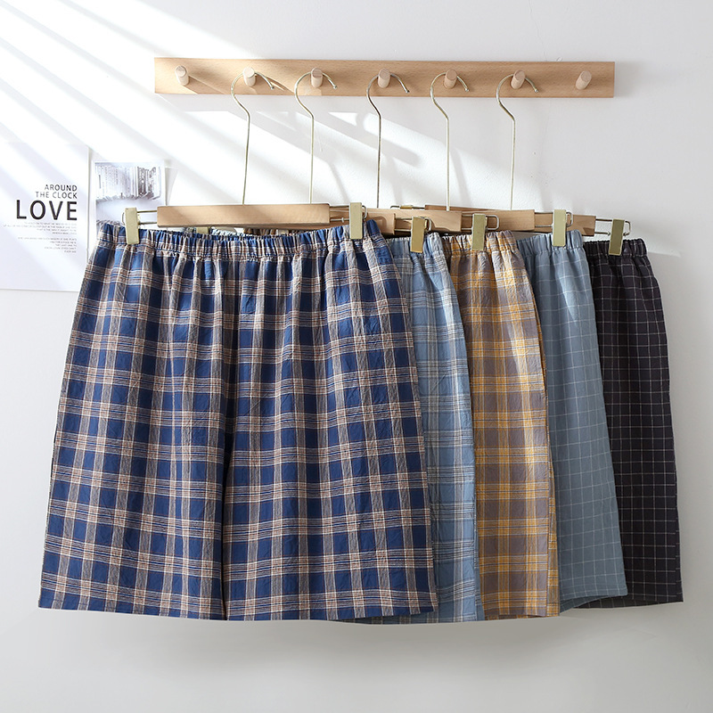 Japanese Style Casual Men's Plaid Pure Cotton Shorts Thin Washed Cotton Elastere Outer Wearing Loose Simple Household Pants