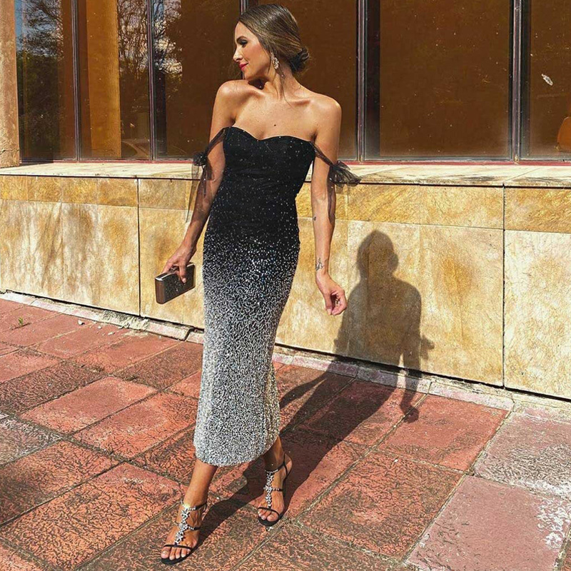 El Comercio exterior europeo y americano nuevo vestido de lentejuelas con cuello en V de cintura alta con Vestido de manga larga falda de la cintura banquete fiesta de cóctel