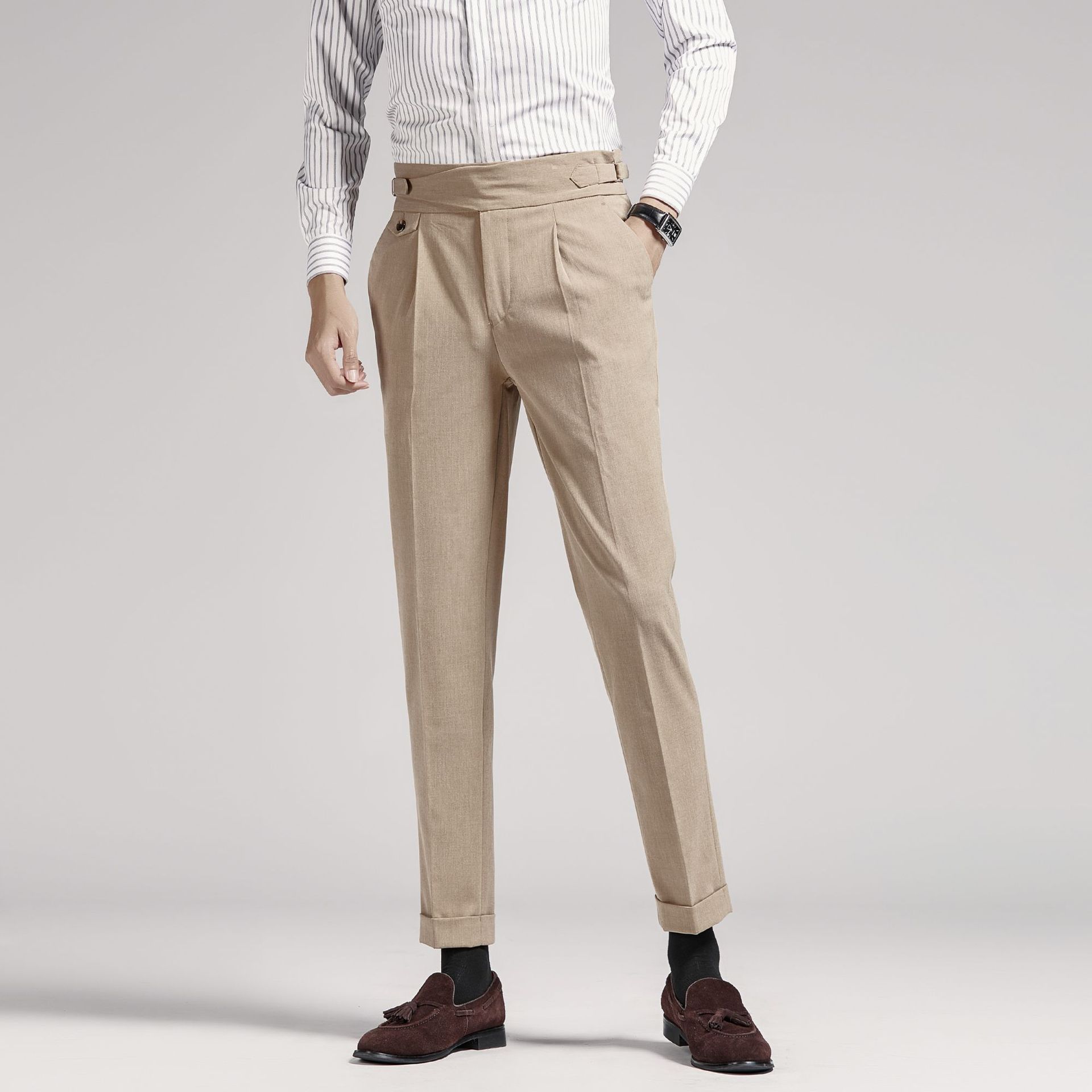 Nápoles traje pantalones hombres pantalones recortados negro drapeado negocio casual cintura alta traje Pantalones slim fit primavera y verano