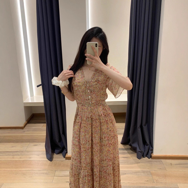 Pure Original B@Sh Summer New Style Windsor Manor Rose Floral Skirt V Neck Chiffon Big Brand Classy French Dress