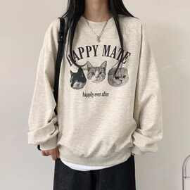 韩版宽松运动卫衣女春秋冬季装休闲圆领加厚薄绒卡通猫咪印花卫衣