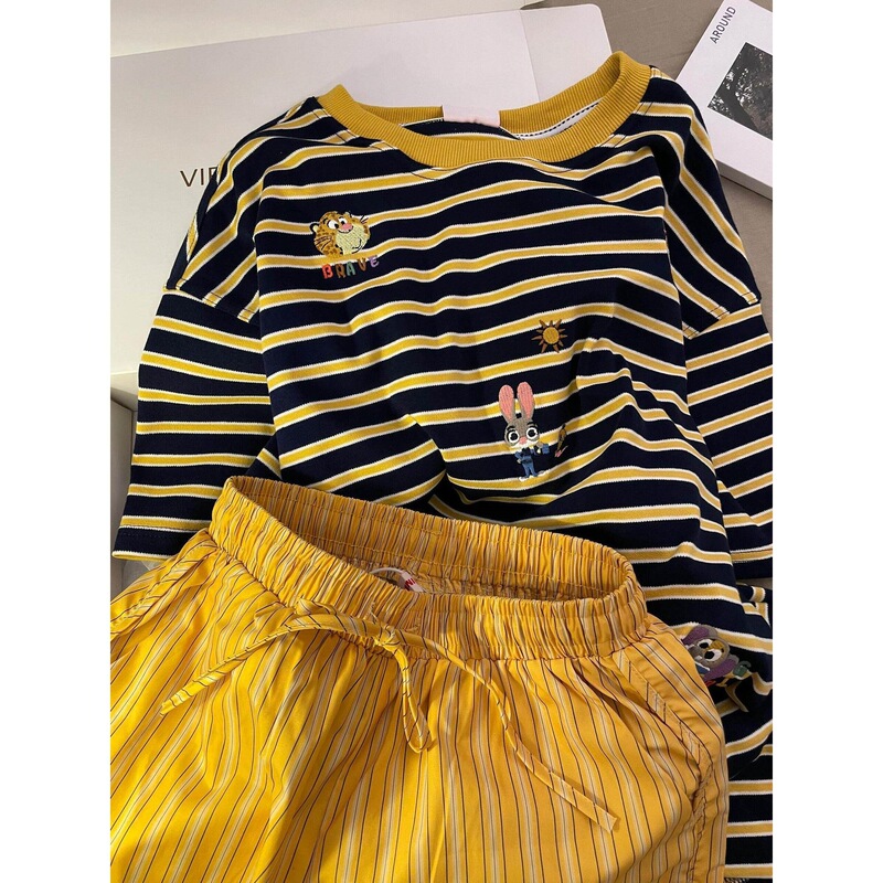 Summer New Korean-Style Animal Print Striped Pajamas for Women, Skin-Friendly Short-Sleeve Shorts Loungewear Two-Piece Set, Can Be Worn Outside