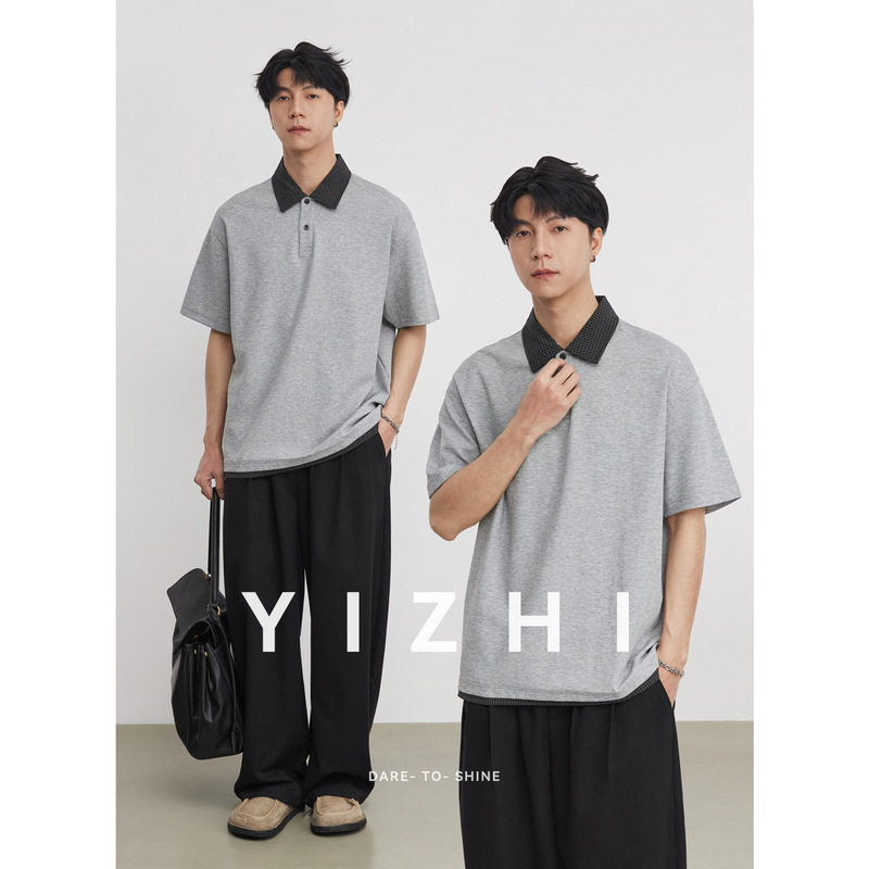 Premium 230g American Retro Plaid Turn-Down Collar Polo Shirt for Men, Spring Season, Two-Piece Style, High-End Feel, Short-Sleeve T-Shirt