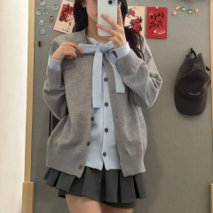 韩系撞色假两件拼接开衫女毛衣2025秋冬新款温柔风穿搭外套针织衫