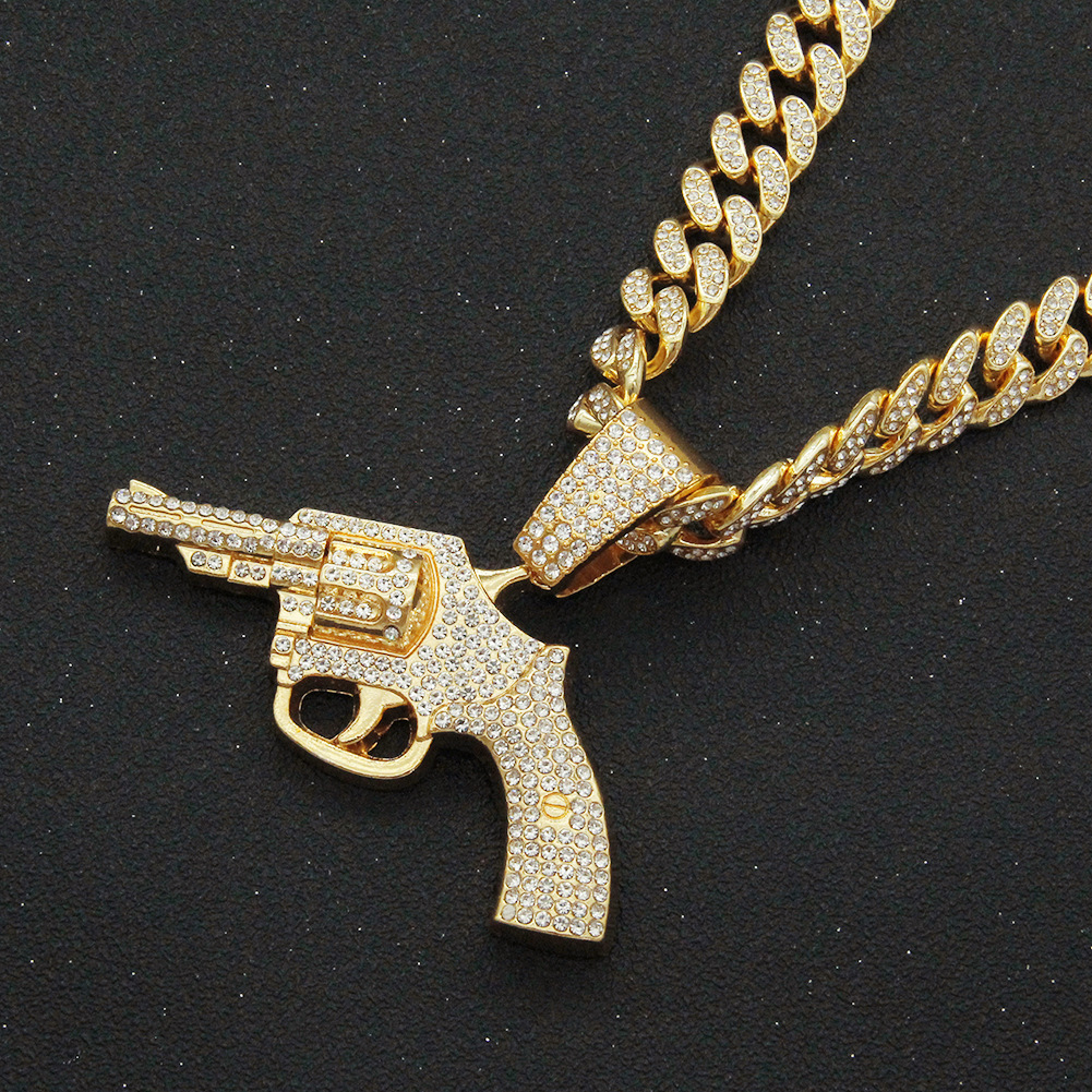 Fashion Full Diamond Gun Pendant Cuban Chain Alloy Necklace display picture 4