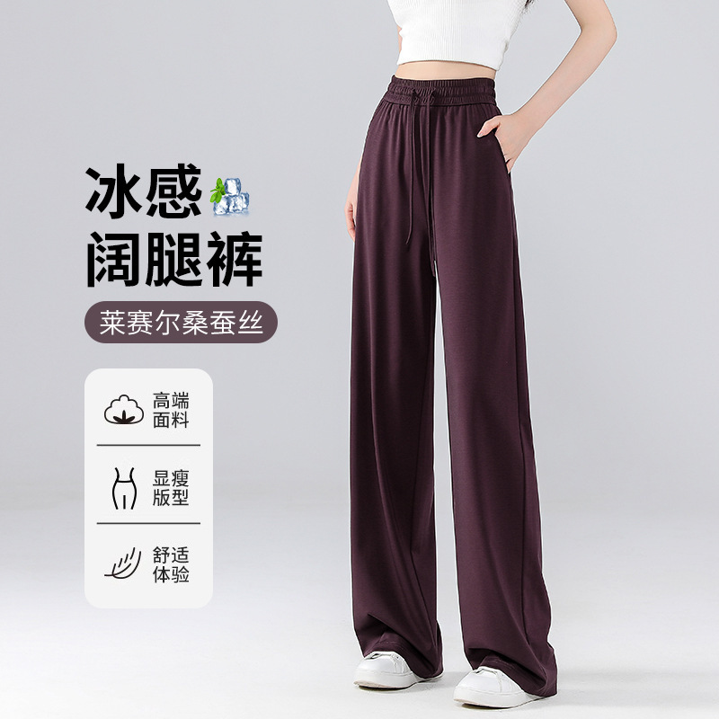 New Summer Ice Silk Sunscreen Thin Lyocell Mulberry Silk Petite Narrow Wide-Leg Pants Versatile Straight Pants for Women