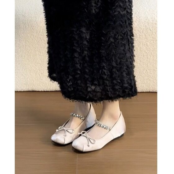 Inner Height Ballet Shoes Women's Flat Bow Rhinestone Mary Jane Shoes Evening Style Single-layer Shoes