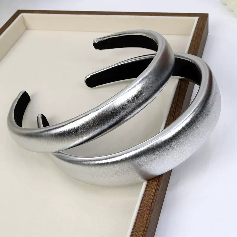 高级感银色皮质海绵发箍简约高颅顶压发头箍跨境PU皮发捆发卡发饰