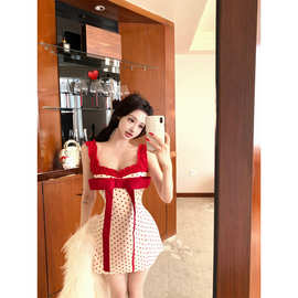樱桃甜心法式波点蝴蝶结木耳边吊带裙红色甜系连衣裙女