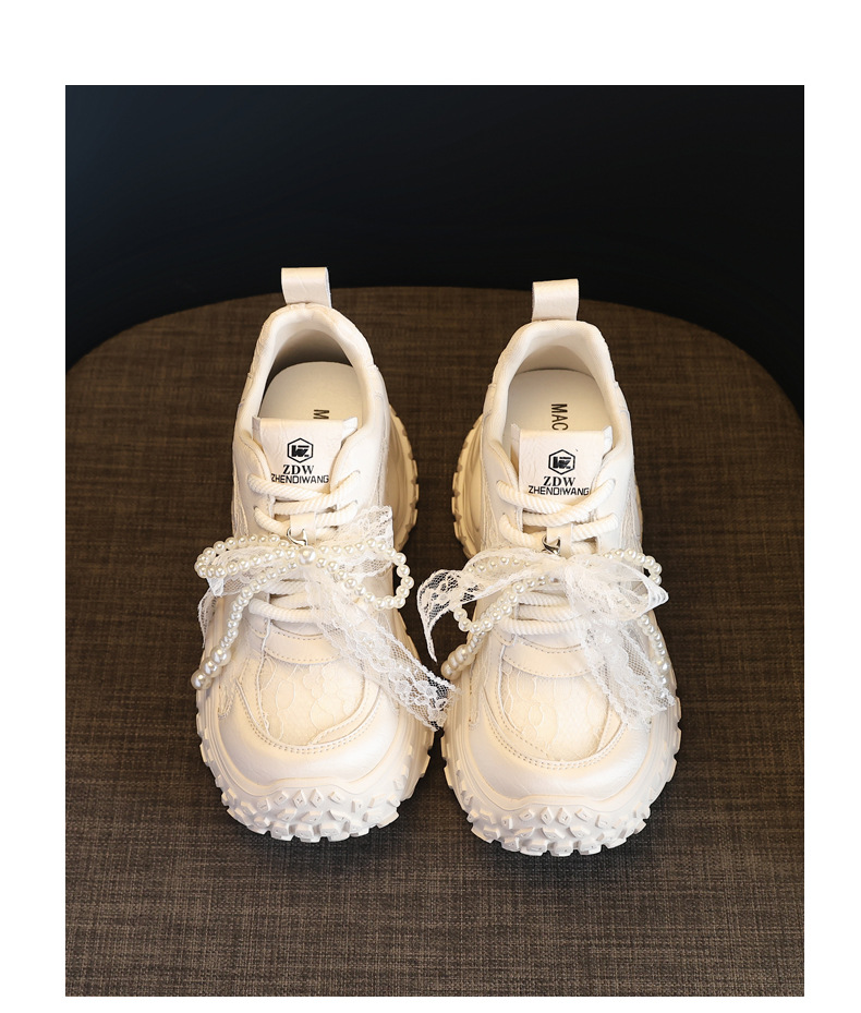 Giày sneaker nữ đế dày tăng chiều cao, phối ngọc trai và nơ, phong cách bánh xốp — Màu be chi tiết 19