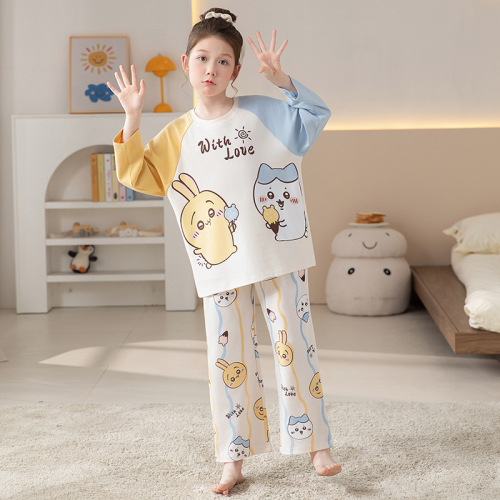 Children's girls' pajamas spring and autumn pure cotton long-sleeved 2025 new style girls' mid-to-large children's fashionable Kulomi home clothes