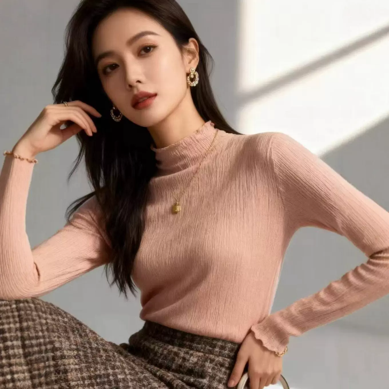 纯棉肌理感褶皱打底衫女内搭可外穿洋气半高领长袖t恤修身上衣