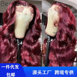 假发 帽子欧美新款树莓红色中分前蕾丝大波浪卷发支持一件代发