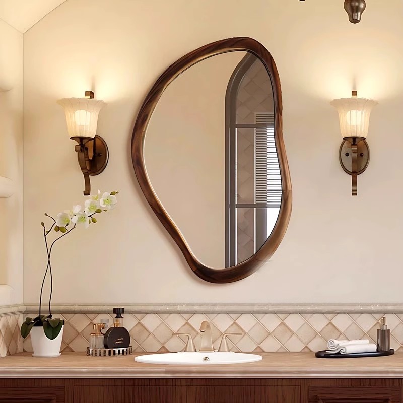 French-Style Vintage Bathroom Mirror, Smart Wall-Mounted Makeup Mirror, American Retro Bathroom Mirror, Irregular Wall-Mounted Decorative Mirror